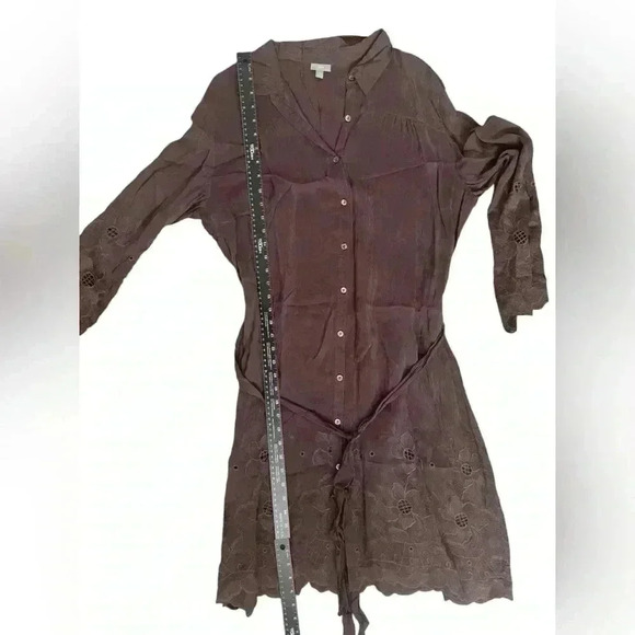 J. Jill Embroidered Button-Up Shirt Dress XL - Brown, Tie Waist, Scalloped Hem - Picture 7 of 7